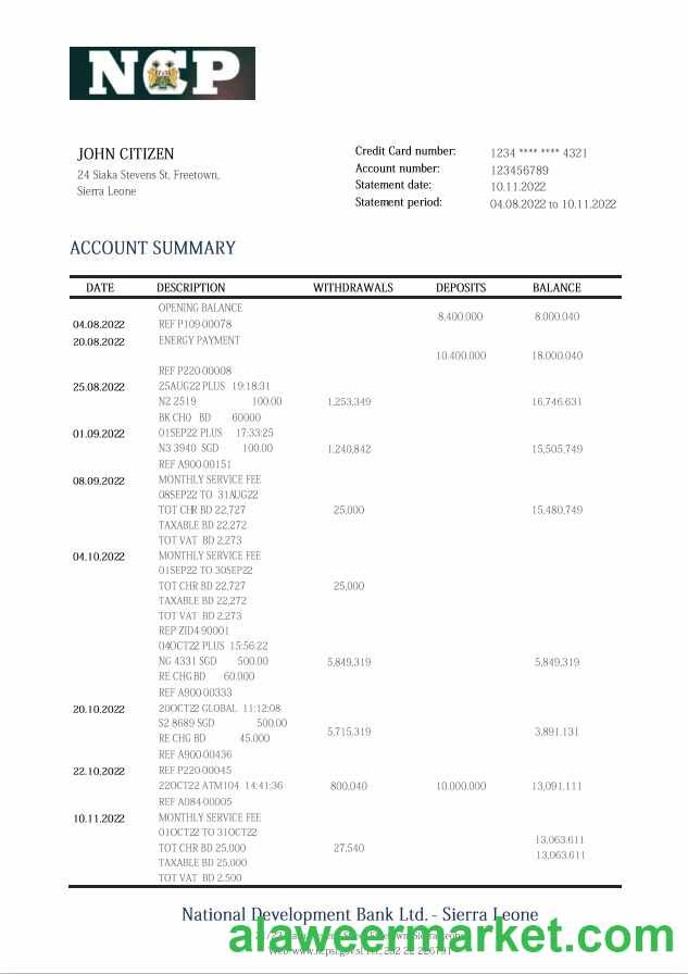 Sierra Leone National Development Bank statement